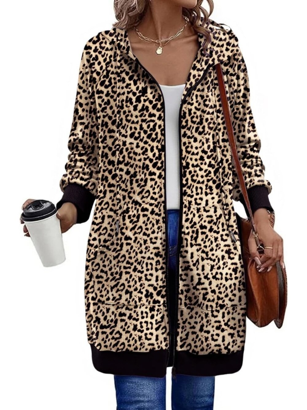Women's Leopard Print Long Fleece Hoodie Full Zip Tunic Kangaroo Pocket